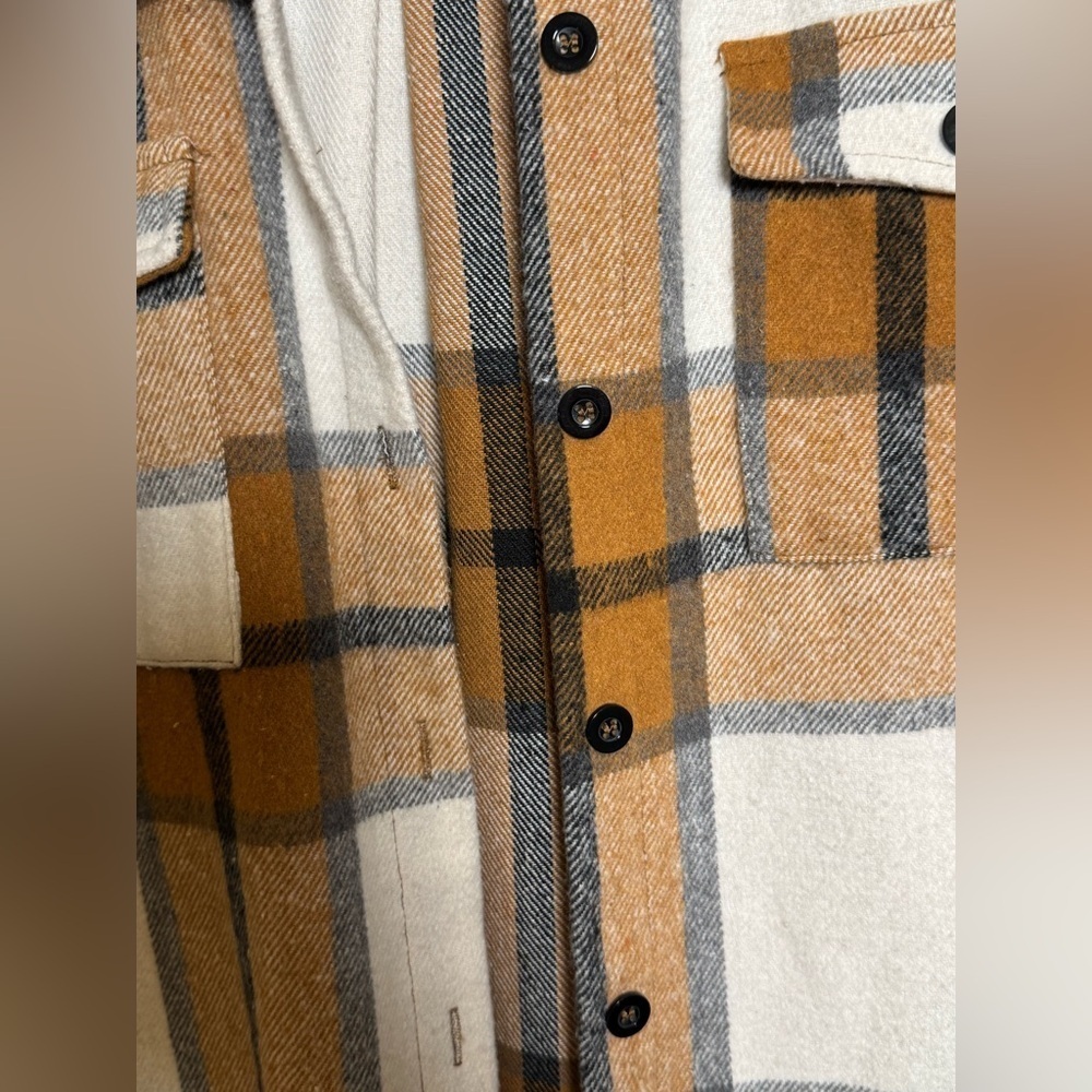 Automet XL Plaid Shacket Jacket Brown Cream Button Front Oversized Flannel - Picture 8 of 10